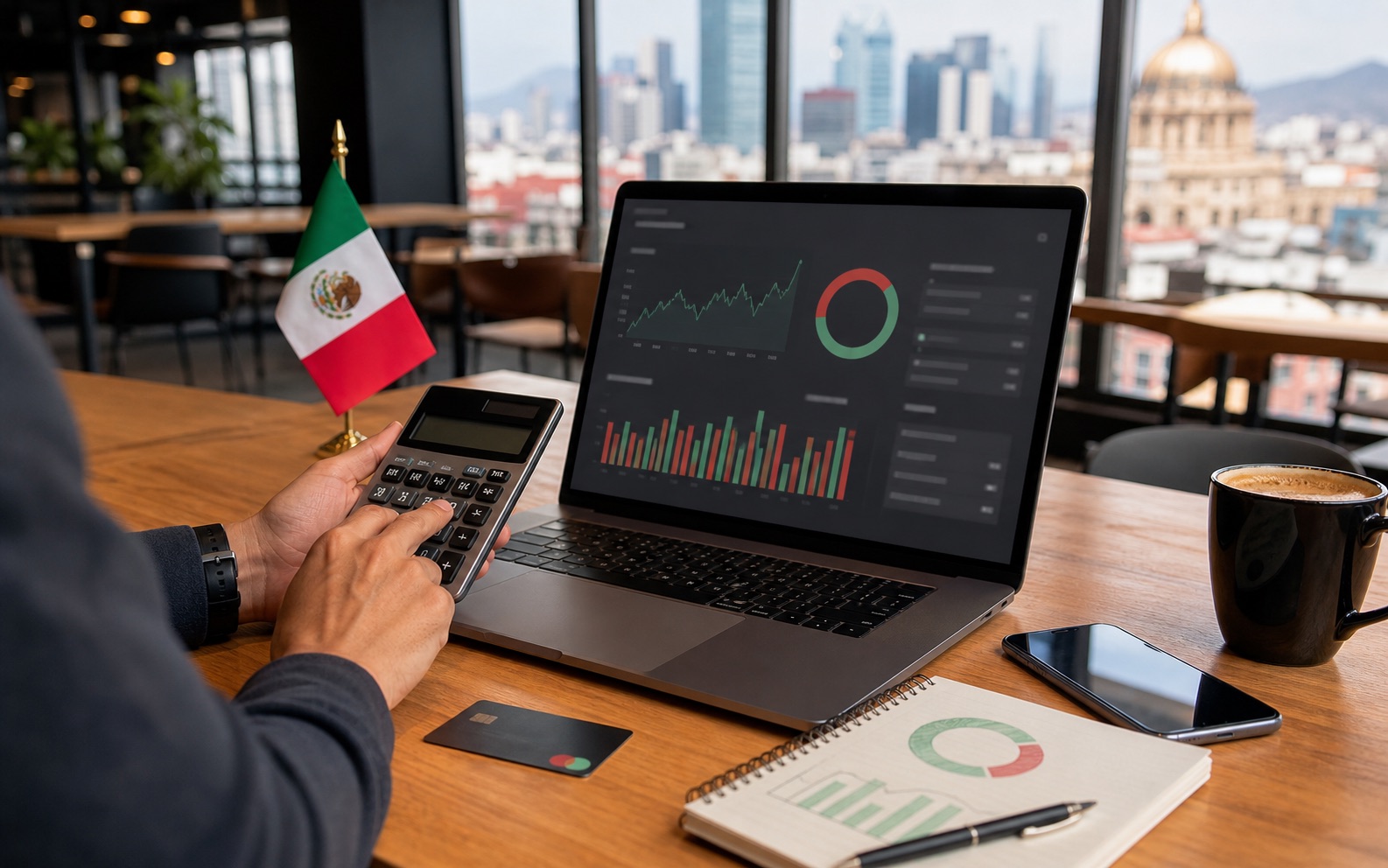 Persona revisando comisiones y tipo de cambio antes de usar una tarjeta en México
