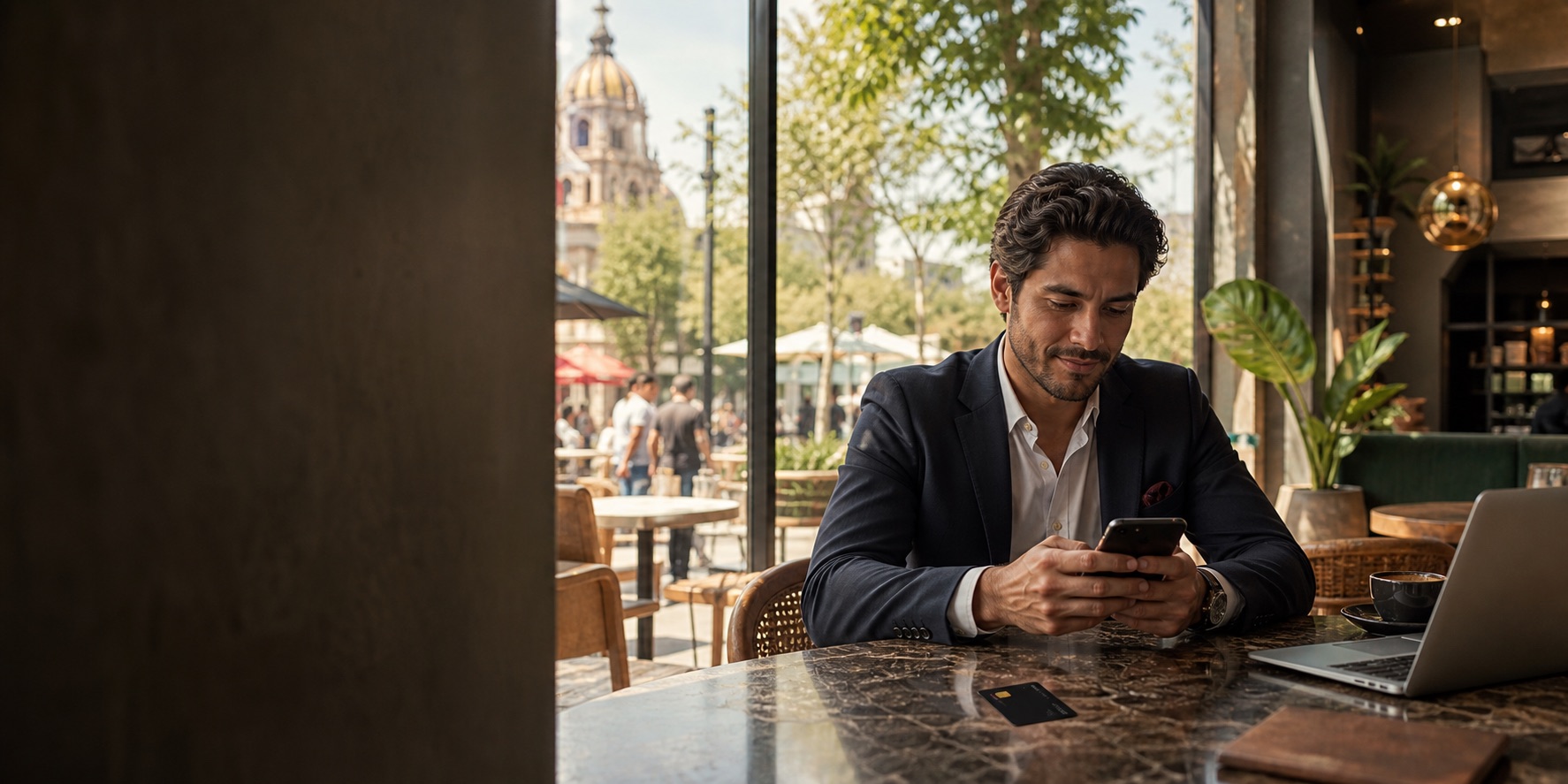 Profesional en una cafetería de Ciudad de México revisando pagos desde el celular